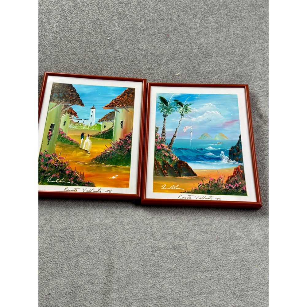 Vintage Puerto Vallarta 1994 Signed Oil Paintings on Glass Set of 2 Mexican Art‎